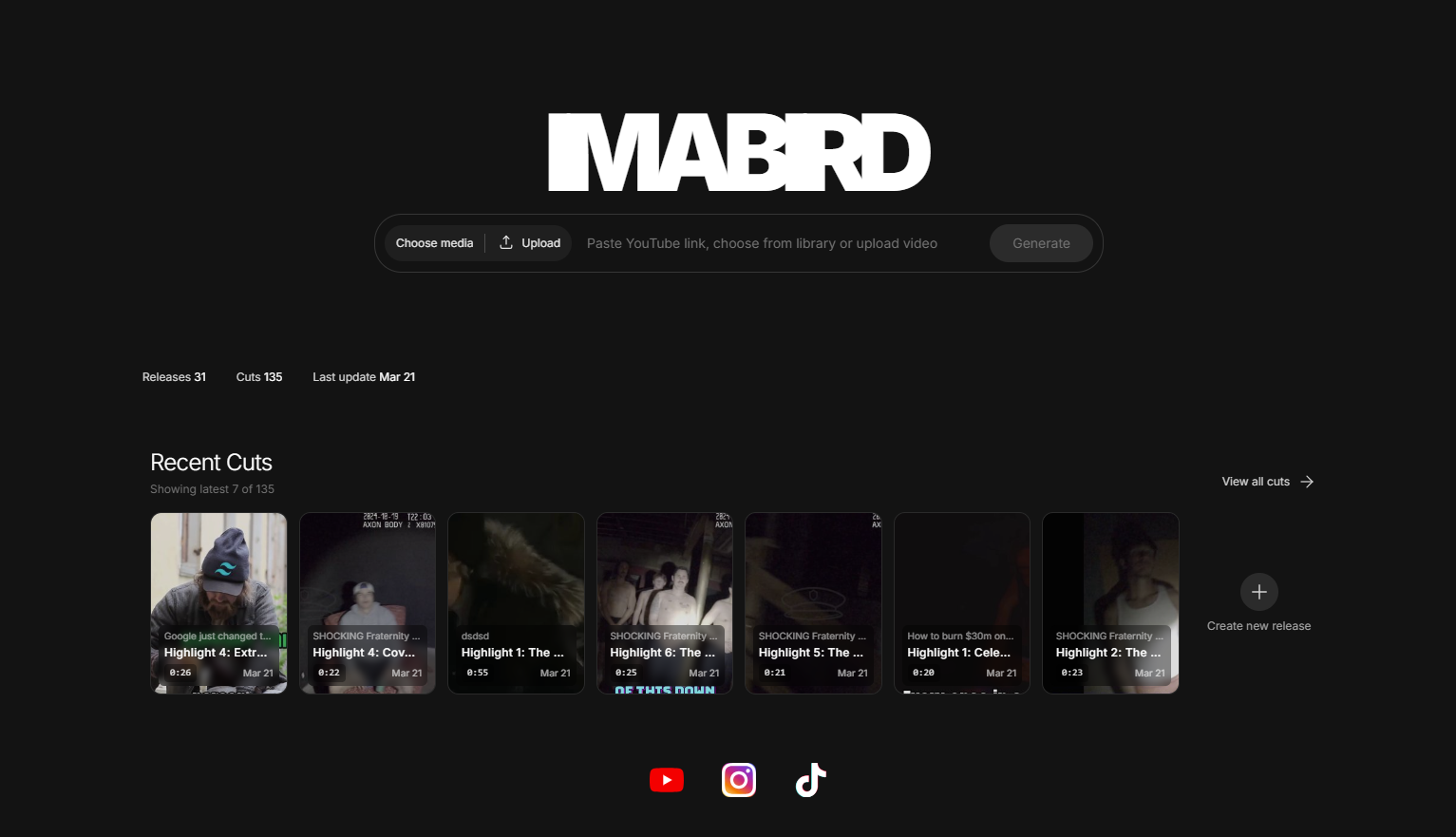 IMABIRD dashboard with quick video generation controls